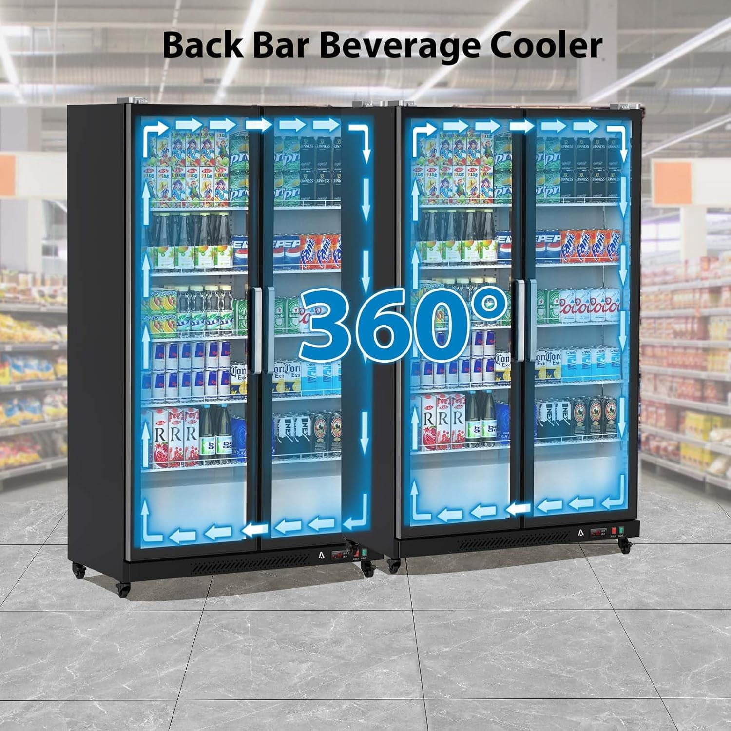 IdealHouse 39 cu.ft Commercial Refrigerator with Double Glass Doors – Upright Beverage Display Cooler with LED Lighting, Stainless Steel, Auto-Close Doors & Digital Thermostat