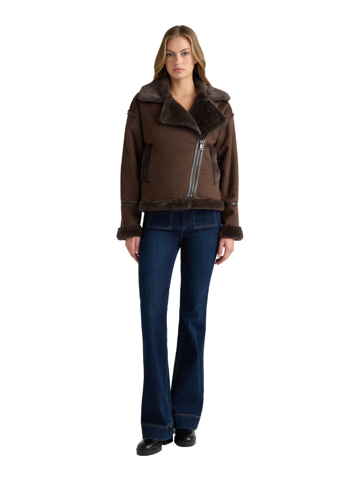 NOVELTI Womens Faux Shearling Short Zip Up Biker Jacket