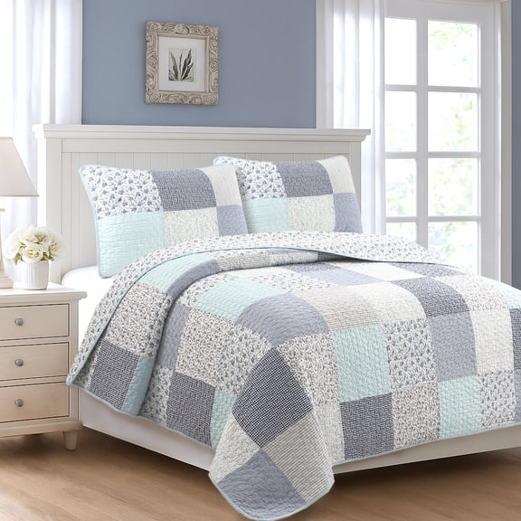 Cozy Line Subtle Blue Checker Cottage Floral Stripe Cotton 3 Piece Patchwork Quilt Bedding Set