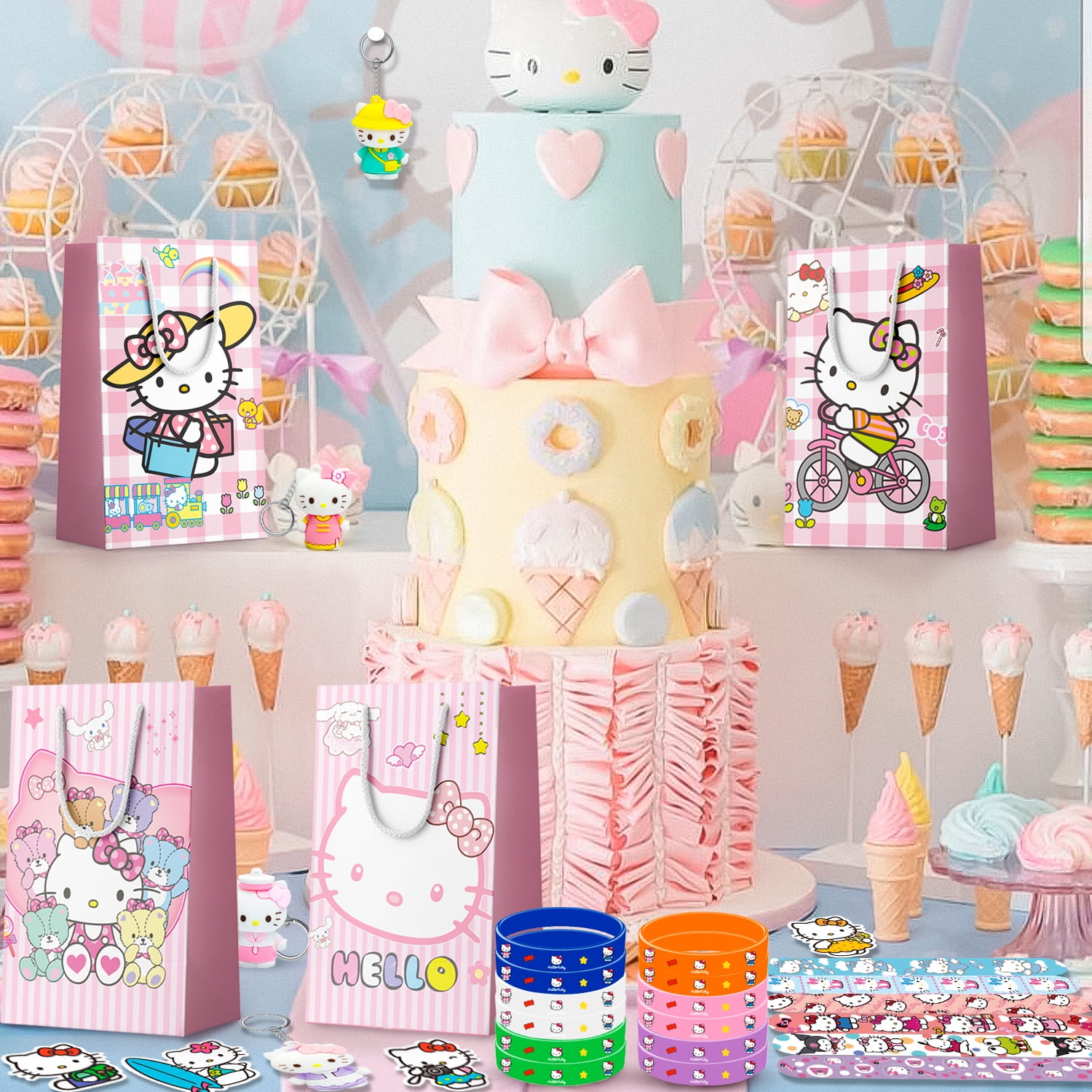 Hello Kitty Party Favors, 110 pcs All-in-One Hello Kitty Birthday Party Favors Set, Including Hello Kitty Party Favor Bags, Stickers, Bracelets Other Hello Kitty Party Favors for Party Supplies