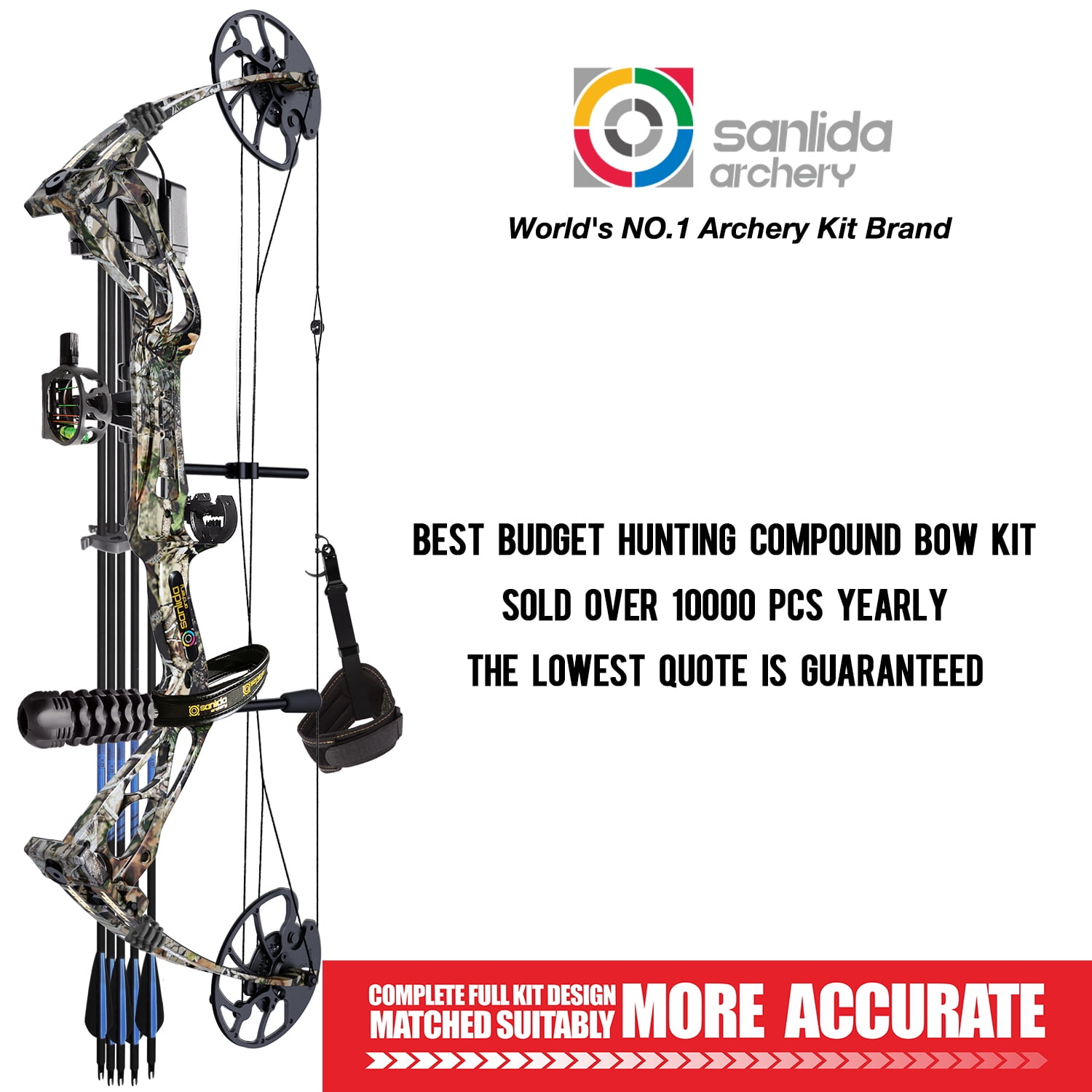 Sanlida DragonX8 RTH Adjustable Compound Bow Package, Camo, 18”-31” Draw Length, 0-70lbs Draw Weight, Up to 310FPS