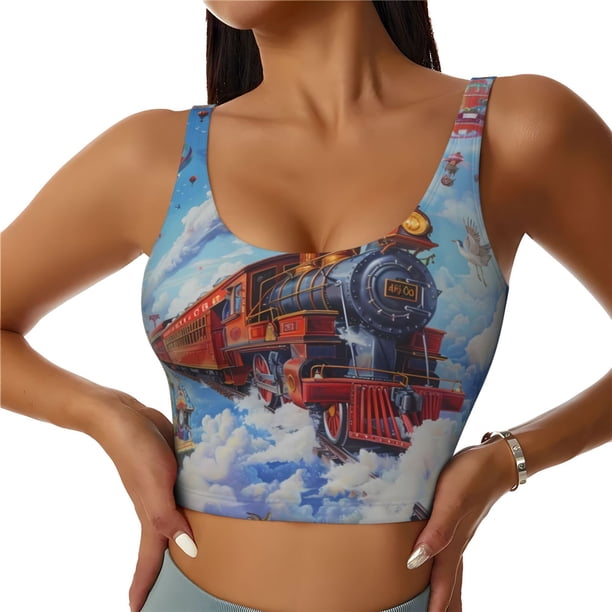 Fotbe Cartoon Train Hot Air Balloon Sujetador Deportivo Largo sin Aros para Mujer con Almohadillas y Soporte Medio, Transpirable y Absorbente, Camiseta Tipo Chaleco o Tank Top-Large