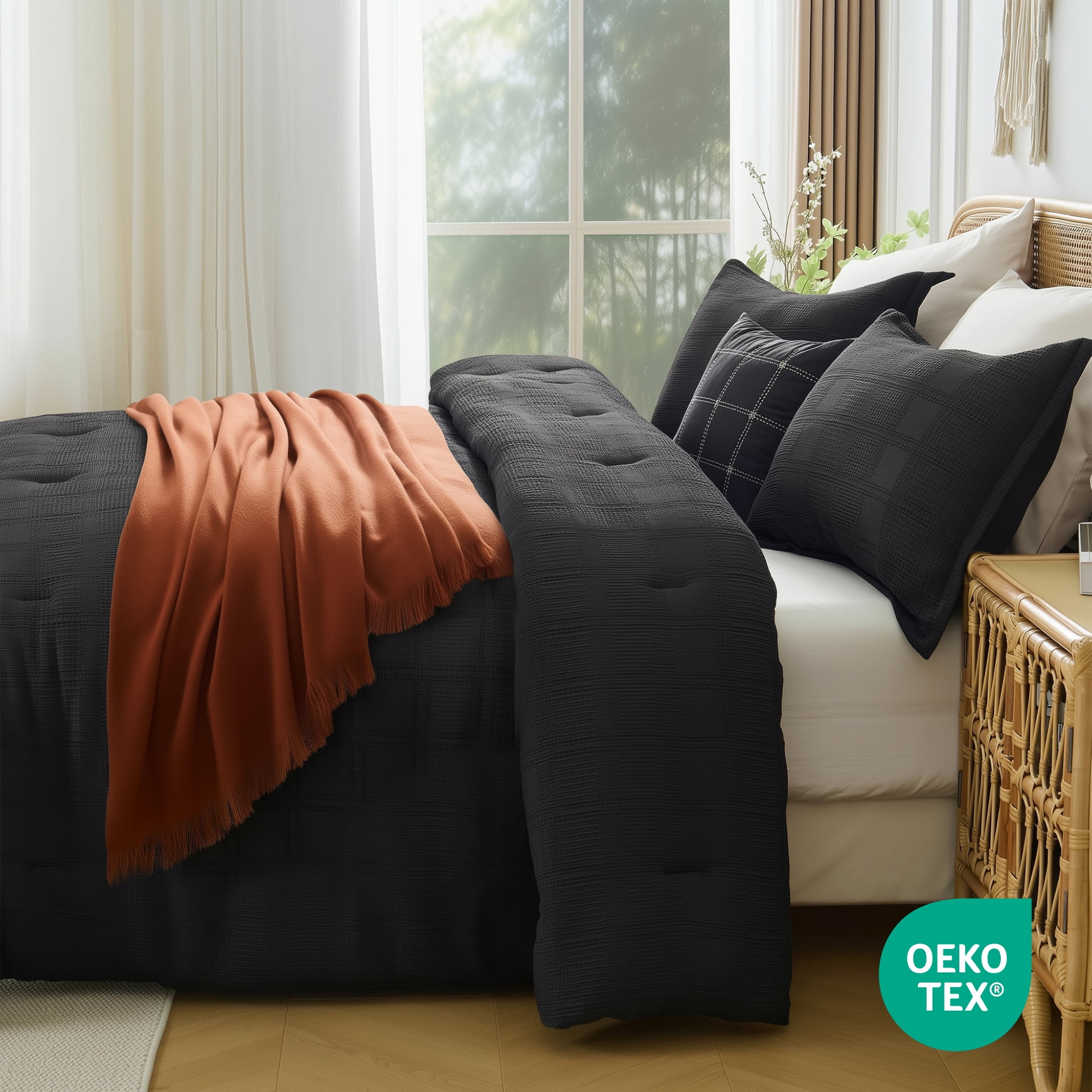 Regency Heights Waffle Weave Comforter Set, Full/Queen Size Textured Comforter Bed Set, 3-Piece Lightweight Bedding Set with Pillow Shams for All Season, Black