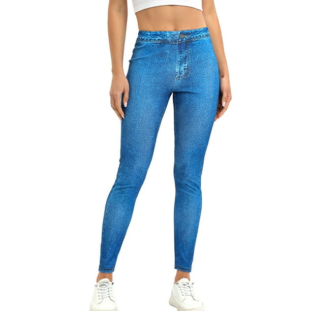 Avamo Women Faux Jeans Pant Tummy Control Jeggings Solid Color Leggings  Butt Lifting Fake Jean Running Trousers Dark Blue XS 