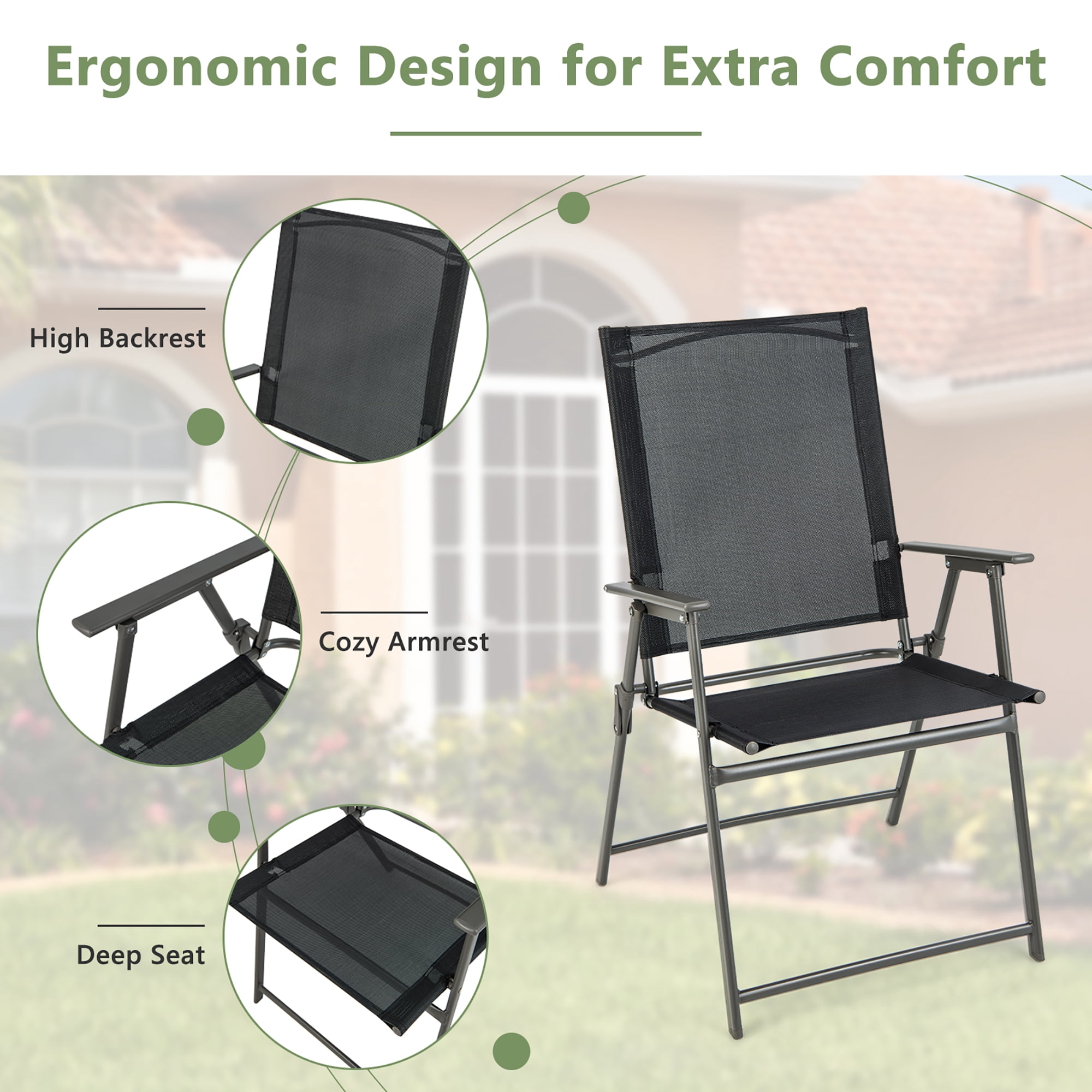 Costway 4pcs Patio Folding Portable Dining Chairs Metal Frame Armrests Garden Black