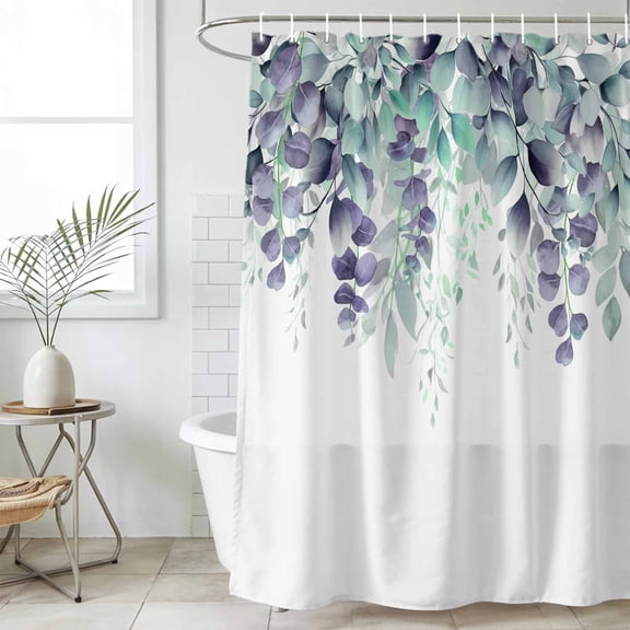 Teal Purple Botanical Waterproof Fabric Shower Curtain,Eucalyptus Leaves Watercolor Spring Waterproof Fabric Shower Curtain for Bathroom Bathtubs Shower Curtains with 12 Hooks Extra Long 72x96