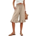 thumbnail image 2 of Cotton Linen Pants Women Summer Casual Pull on Wide Leg Drawstring Elastic Waist Petite Ruffle Hem Capri Pants with Pockets Khaki 2XL, 2 of 7