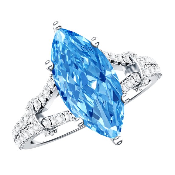 Rosec Jewels IGI Certified Lab Grown Blue Diamond 3 Carat Engagement Ring - VS1 Quality - Marquise Blue Diamond Ring with Split Shank, 925 Sterling Silver, US 4.00