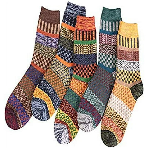 Namzi -a 5 Pairs Autumn Winter Nordic Socks Thick Knitted Two-Way Colorful Patten (5-color mix)