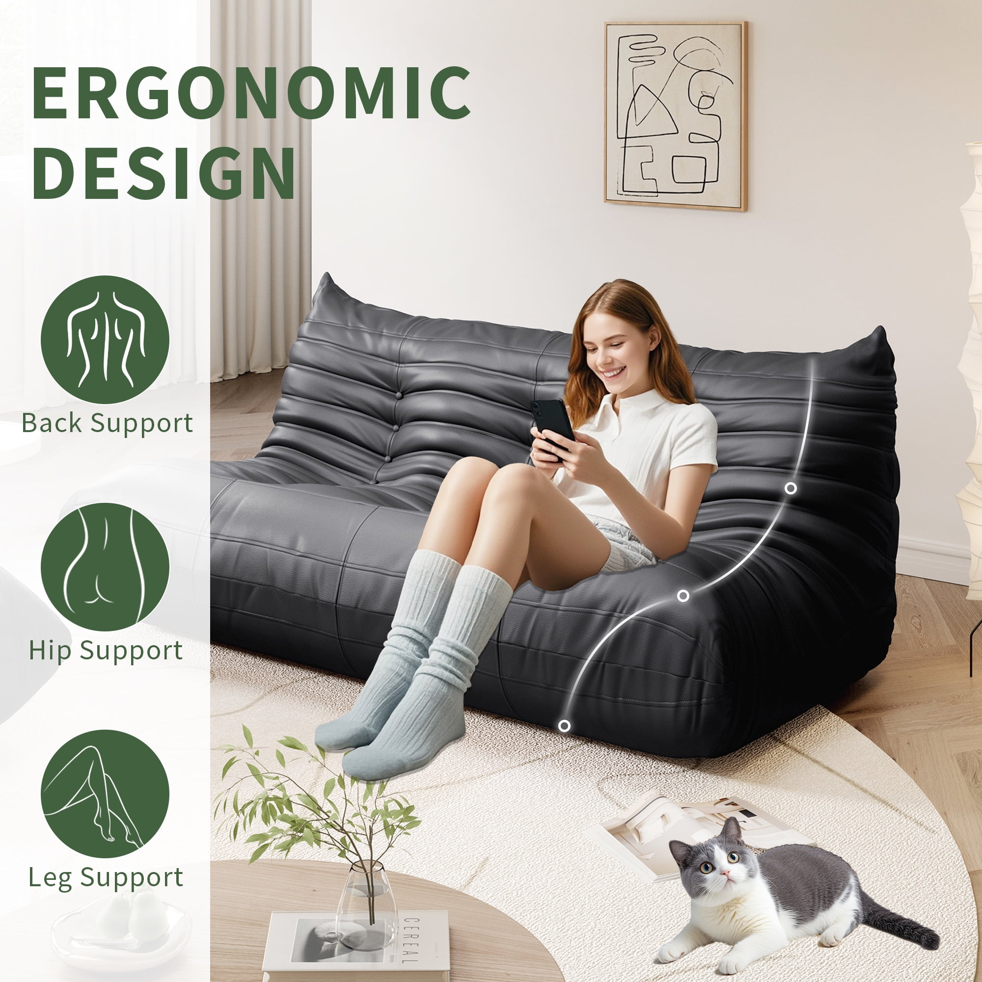 Gtilzria Lazy Sofa, Bean Bag Chair for Adults Floor Couch, 3 Seat Fireside Chair with Ergonomic Design Modern Faux Leather Lounge Chair for Living Room, Bedroom, Black