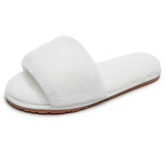 Crazy Lady Pantoufles en Fourrure Pelucheuse pour Femmes, Tongs Ouvertes, Sandales de Maison Confortables, Antidérapantes, Spa Intérieur Extérieur (5.5-6.5 Étroit, 04/blanc)