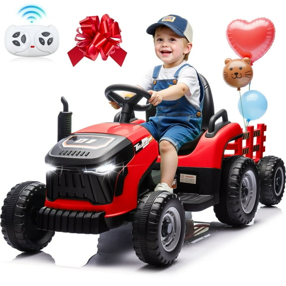 24V Kids Ride on Tractor with Remote Control, Dual Motors Electric Battery Powered Motorized Vehicle w/ Trailer, Bluetooth Music, Outdoor Toys, Red