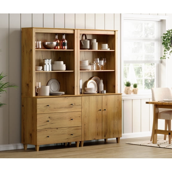 71" Tall Pantry Cabinet Set of 2, Kitchen Storage Pantries with Cabinets and Drawers, Modern Modular Storage Cabinets with Open Display Shelves and Doors for Dining Room, Oak Brown