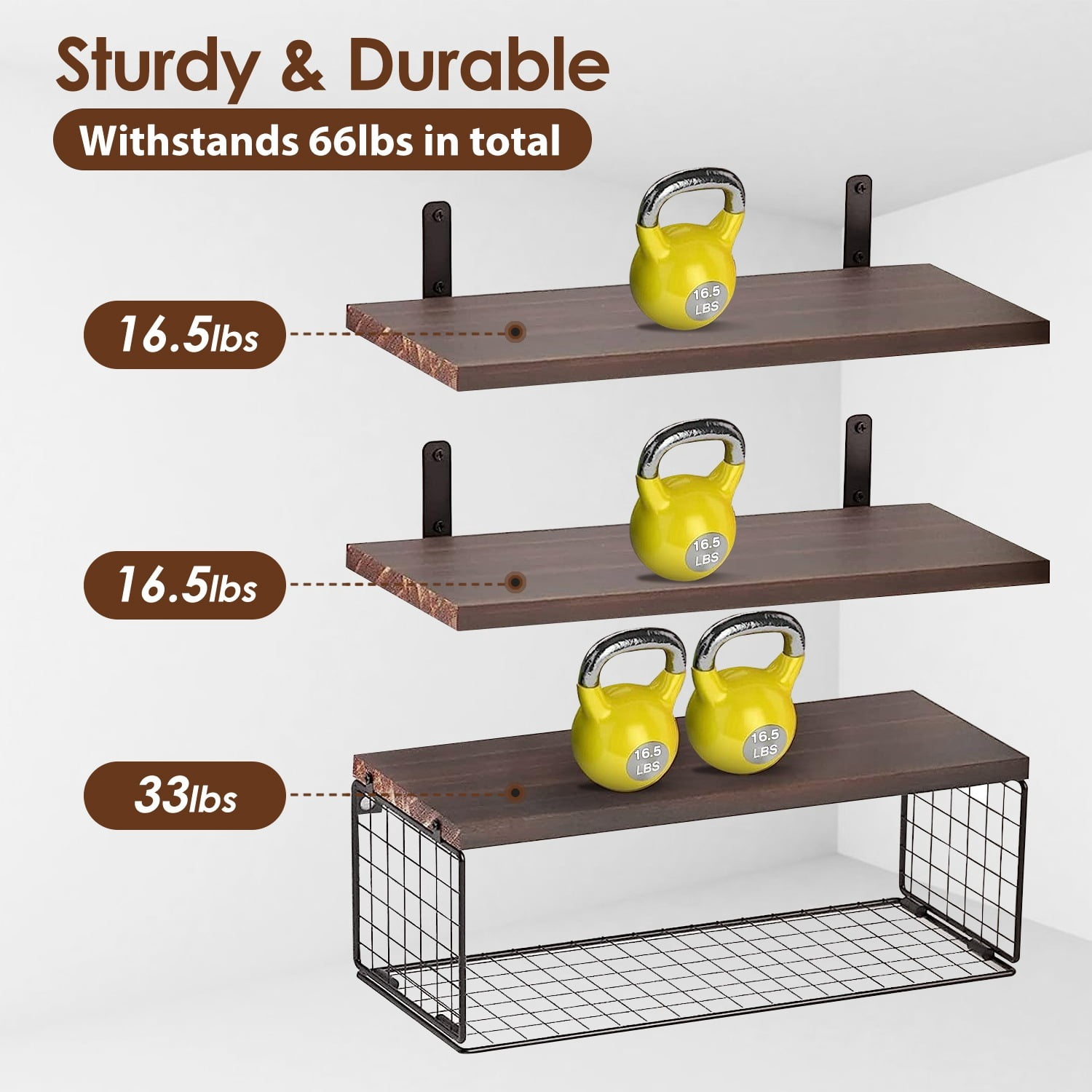 2 in 1 Floating Shelves with Storage Basket, Sturdy Paulownia Wood Wall Shelves, Rustic Style Decorative Storage Shelves 66Lbs Capacity,Multifunctional Floating Shelves 3-Tier with Storage Basket