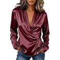 thumbnail image 2 of Qgtaibl Womens Work Long Sleeve Blouses Satin Wrap Deep V Neck Pleated Shirts Elegant Loose Fit Office Dressy Tops Wine XXL, 2 of 9