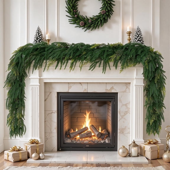 FAKCOJI 2Pcs 9.1FT Faux Norfolk Pine Christmas Garlands, Real Touch Winter Greenery Garlands for Table Mantle Fireplace Stair Holiday Decoration