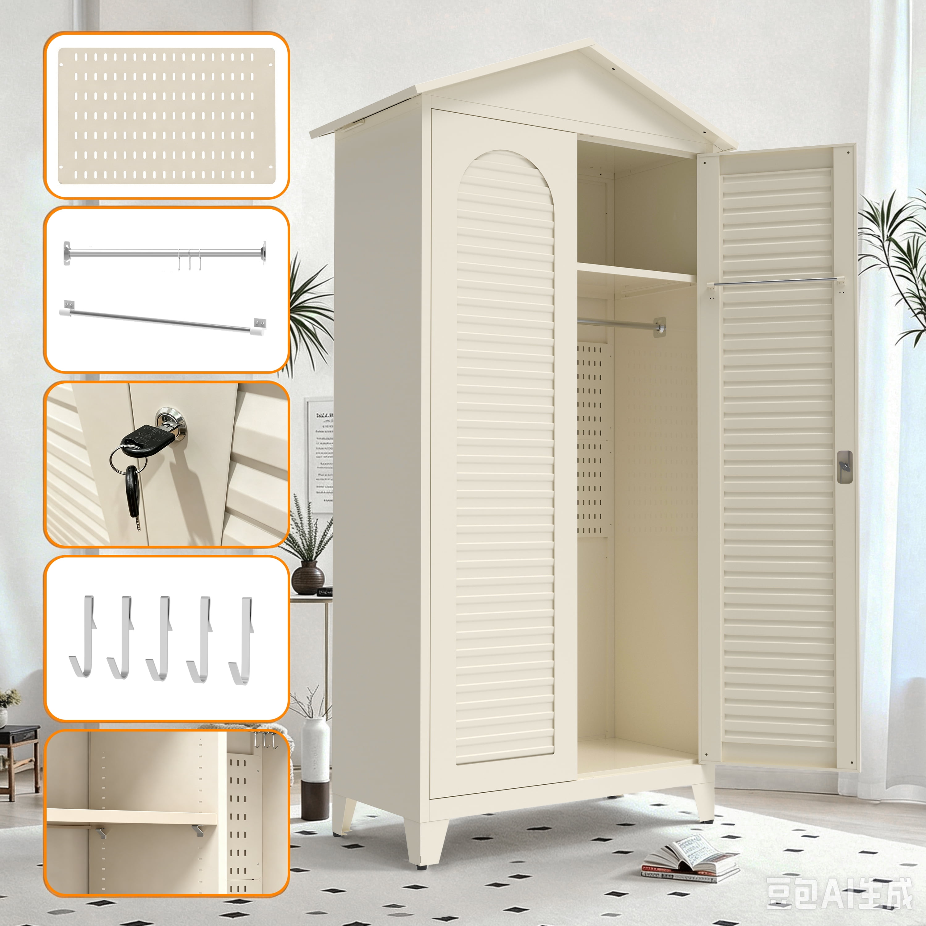Homy Casa 79" Garage Cabinet, Pegboard, Adjustable Shelves, Locking Louvered Doors, Cream White