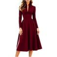 thumbnail image 2 of Karymi Stand‑Collared V‑Neck Long‑Sleeve Solid Midi Dresses for Women, High‑Waist A‑Line Formal Dress, 2 of 6