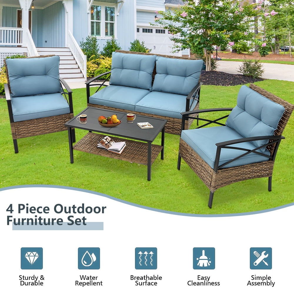 Patio Sofa Set, 4 Pieces Outdoor Sectional Furniture, All-Weather PE Rattan Wicker Patio Conversation Set, Cushioned Sofa Set with Coffee Table for Patio Garden Poolside Deck