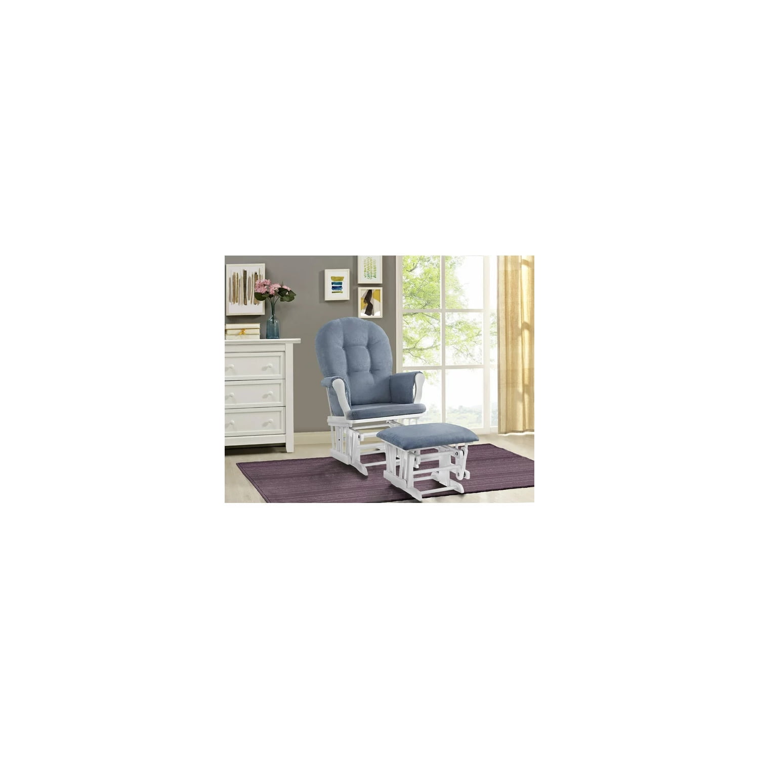 HomeStock Mountain Majesty Glider And Ottoman,White with Blue Cushion - 24.75"D x 25.75"W x 39.5"H, Removable Chair Cushions with Enclosed Metal Bearings