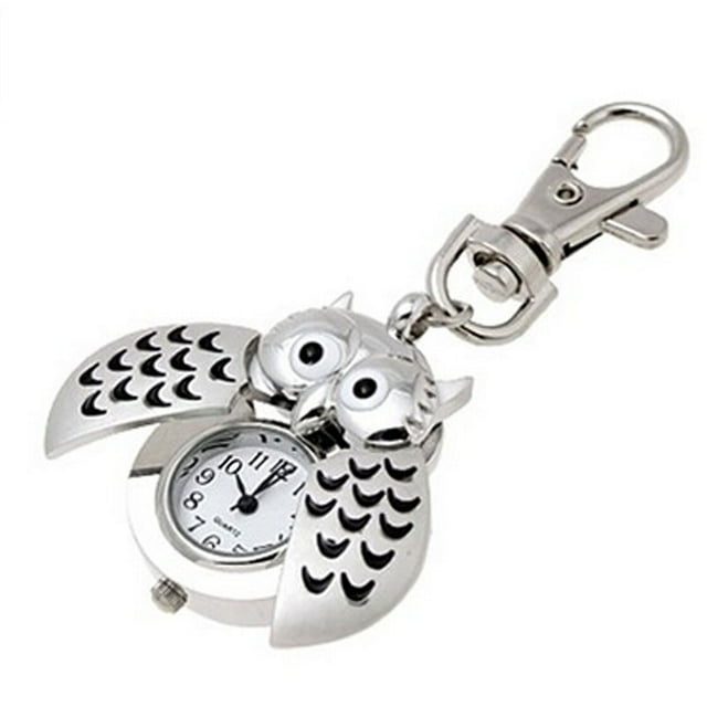 PVCS Mini Metal Key Ring owl double open Quartz Watch Clock- Silver