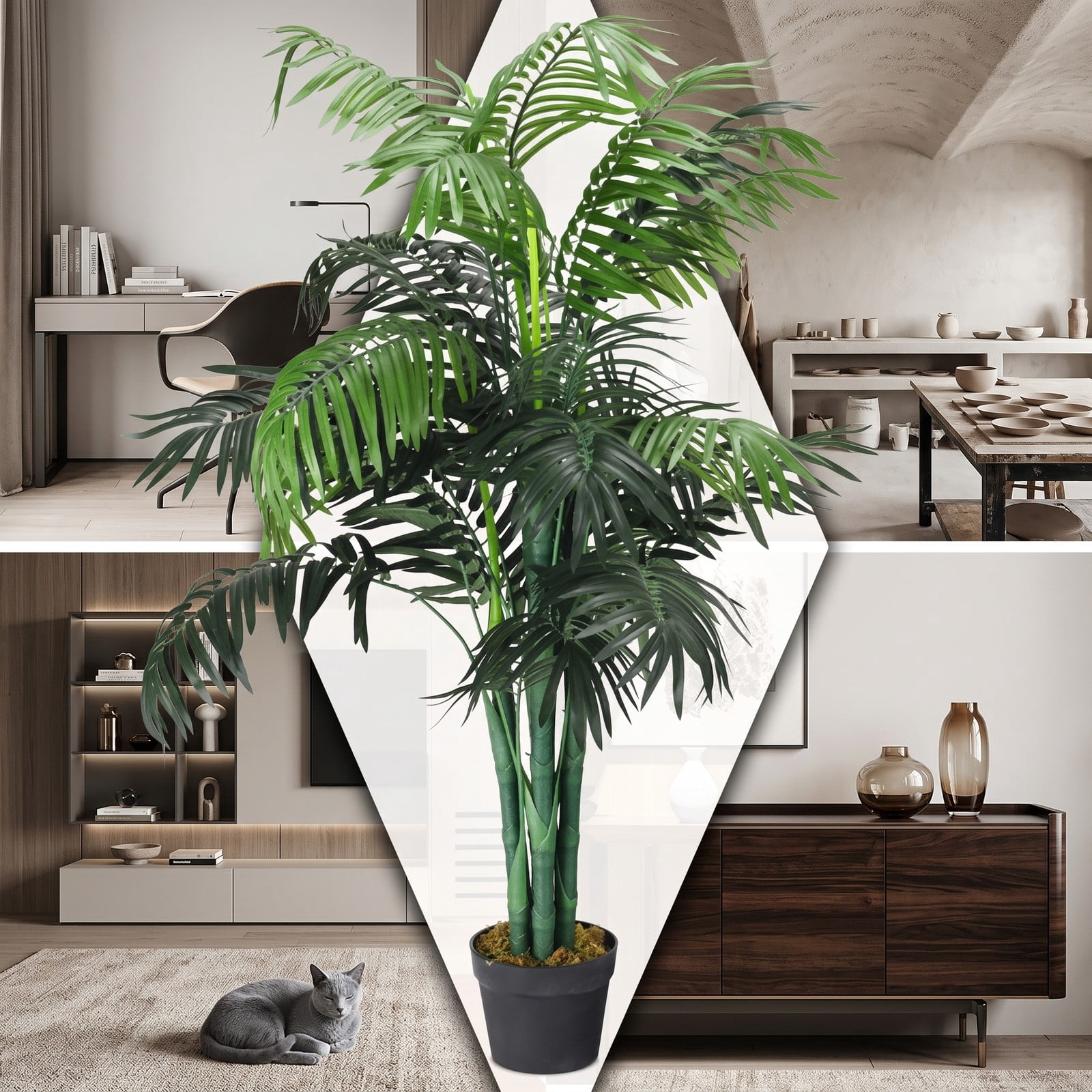 ALPULON 3.5 Feet Artificial Areca Palm Tree, Faux Silk Palm Plant with Basket Pot, 43 Inch Tall Fake Tropical Tree for Home Office Living Room Indoor Decor, Green