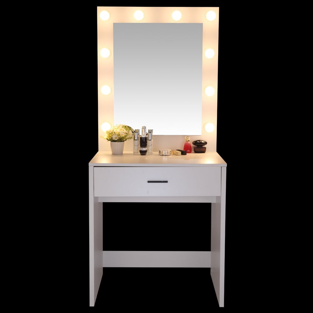 Lowestbest Pattern Dressing Table, Large-Mirror Single-Drawer Vanity Table with Warm Light, White