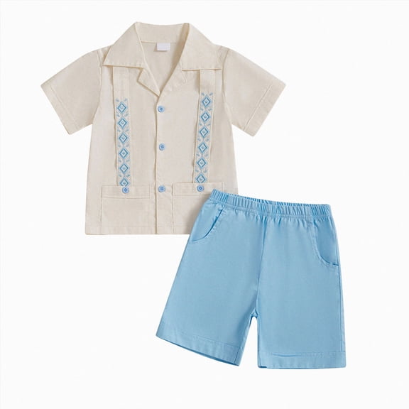 Xudanell Toddler Baby Boy Summer Clothes Mexican Guayabera Outfit Embroidered Button Down Shirts Shorts Set (Beige, 2-3 Years)