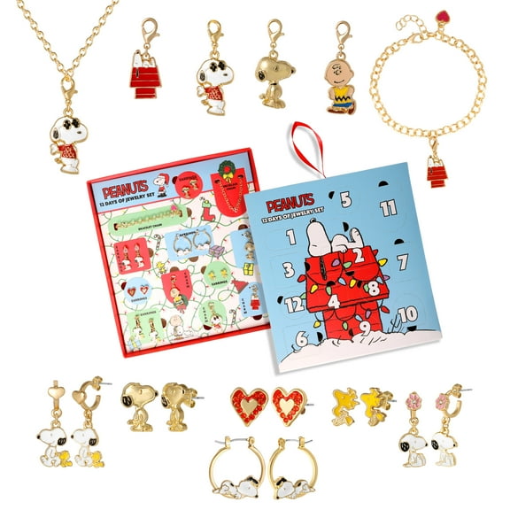 Peanuts Snoopy Jewelry Advent Gift Set: 12 Piece Earrings Necklace Bracelet & Charms Mix & Match Christmas Calendar Set