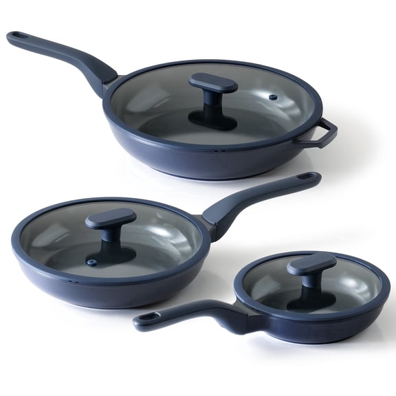 PRICUSIS 8PCS Ceramic Nonstick Frying Pans Set with Lid (8 10 12 in), Damson Navy