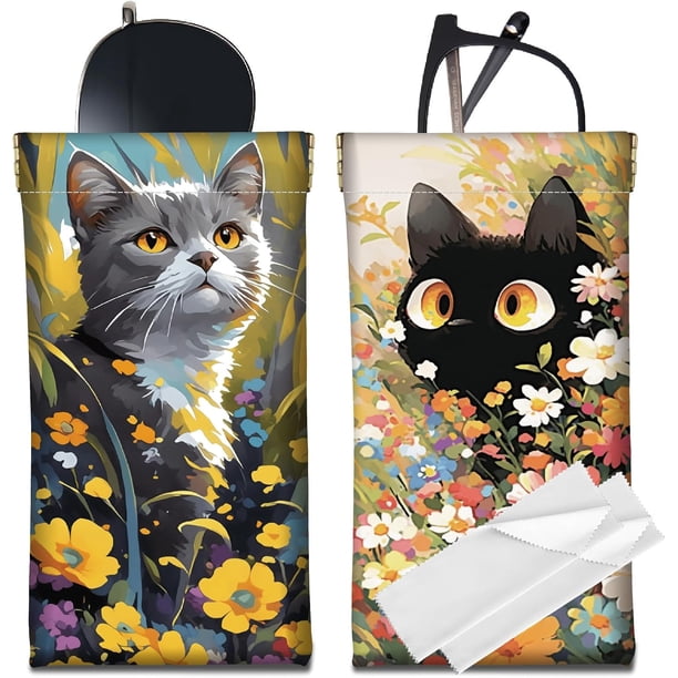 2 fundas de cuero para gafas de sol, portátiles, delgadas, con diseño de gato y flor, con parte superior suave, para viajes, impermeables, con paño de limpieza, regalo