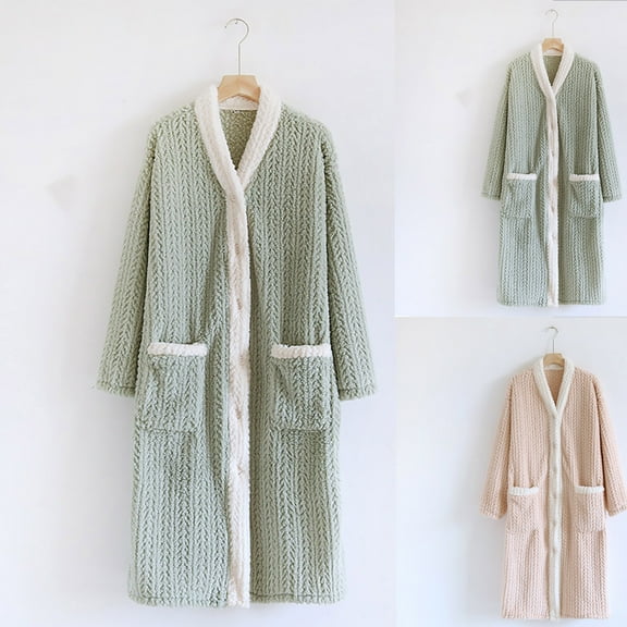 Meichang Women's Flannel Robe Fleece Long Sleeve Button Down Winter Bathrobe Knee Length Soft Fuzzy Warm Robe with Pockets