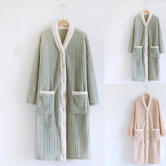 Meichang Women's Flannel Robe Fleece Long Sleeve Button Down Winter Bathrobe Knee Length Soft Fuzzy Warm Robe with Pockets