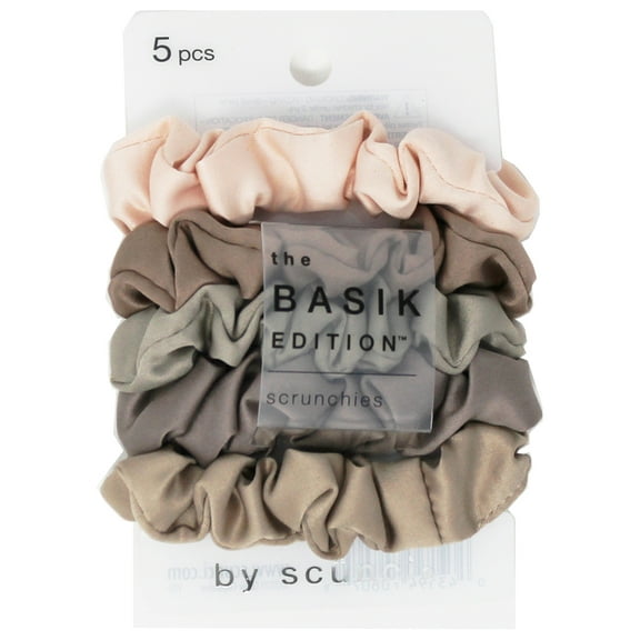Scunci Basik Edition - Nude Satin Scrunchies Pink, Taupe, Grey, Silver, Dk. Taupe 5ct