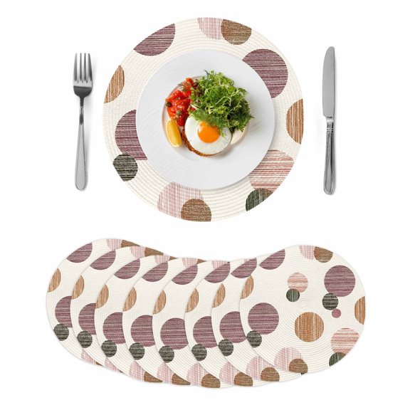 Abstract Geometric Round 15 Inch Placemats Set of 8, Farmhouse Vintage Polka Dot Red Brown HeatResistant Non Slip Place Mats for Dining Table, Wipeable Braided Kitchen Table Mats for Housewarming