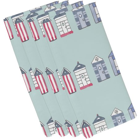 Simply Daisy  19 x 19 Inch  Multi Beach Hut  Stripe Print Napkin (Set of 4)  Aqua