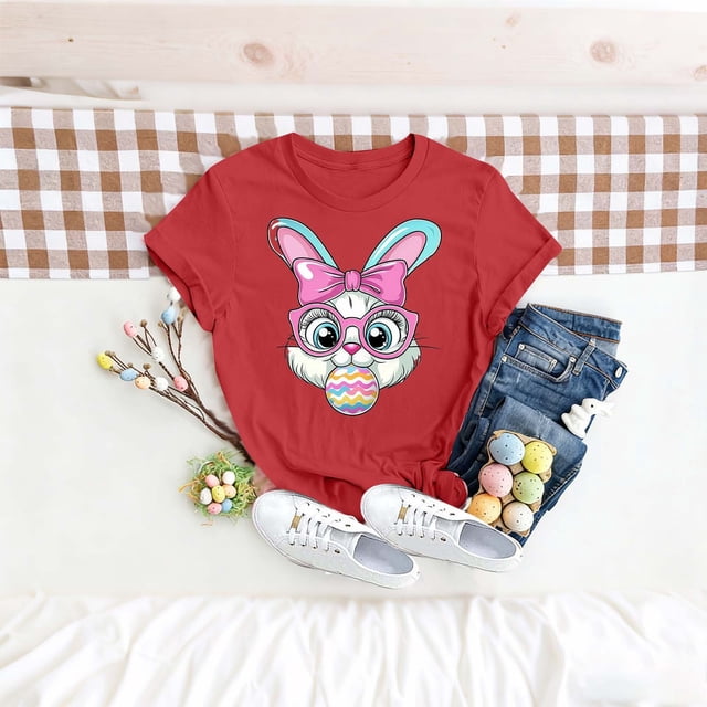 TaTaai Women's Cotton Easter Graphic T-Shirt Short Sleeve Crew Neck Loose Fit Casual Summer Chic Tee Family Daily Work Vacation Gift