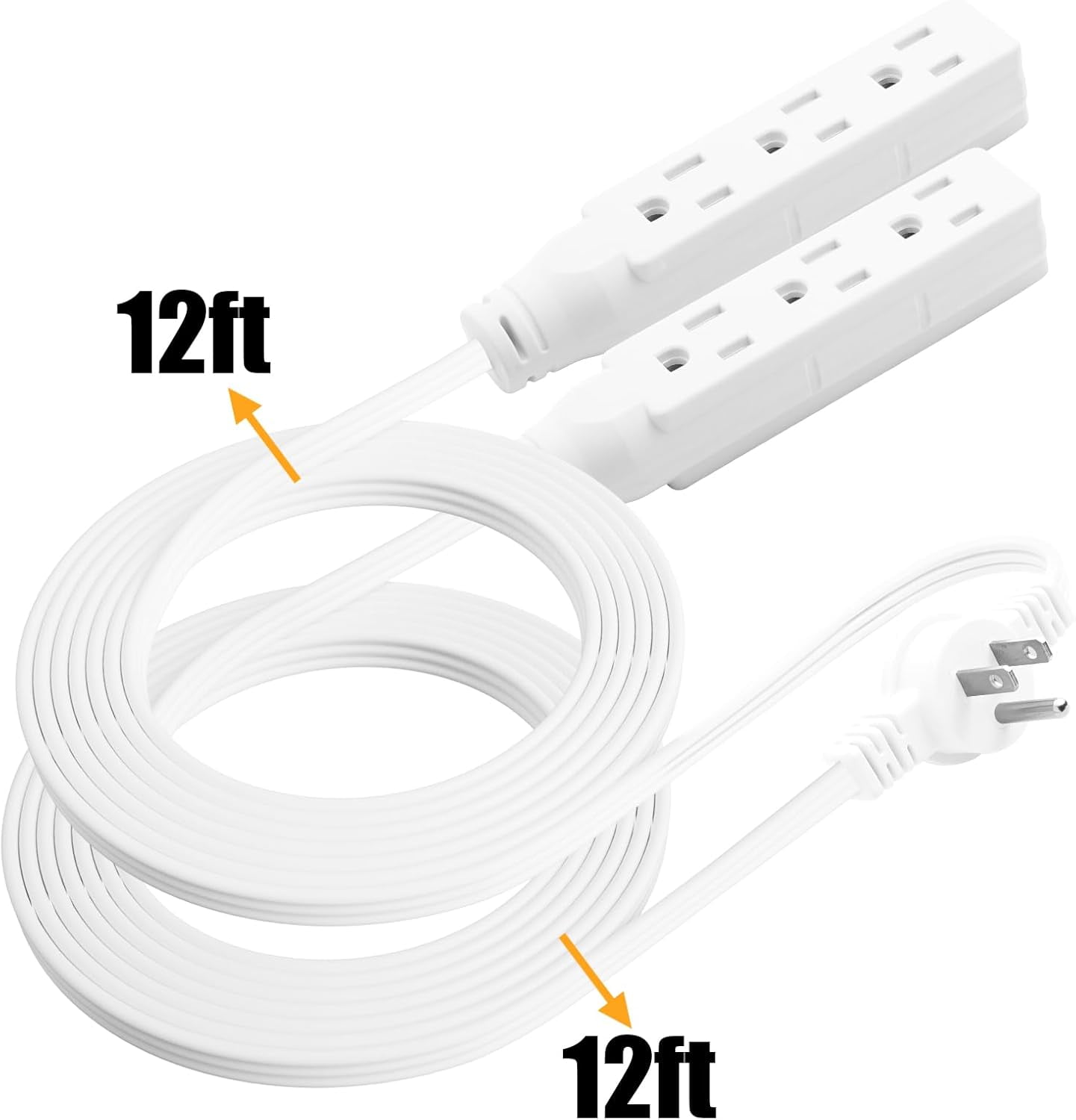 Twin Extension Cord, 24 Ft Flat Wall Plug, 12 Feet on Each Side, 3 Prong Power Strip with 6 Outlets, Double Extension Cord Splitter for Behind Bed, Couch, Nightstand, Furniture, White