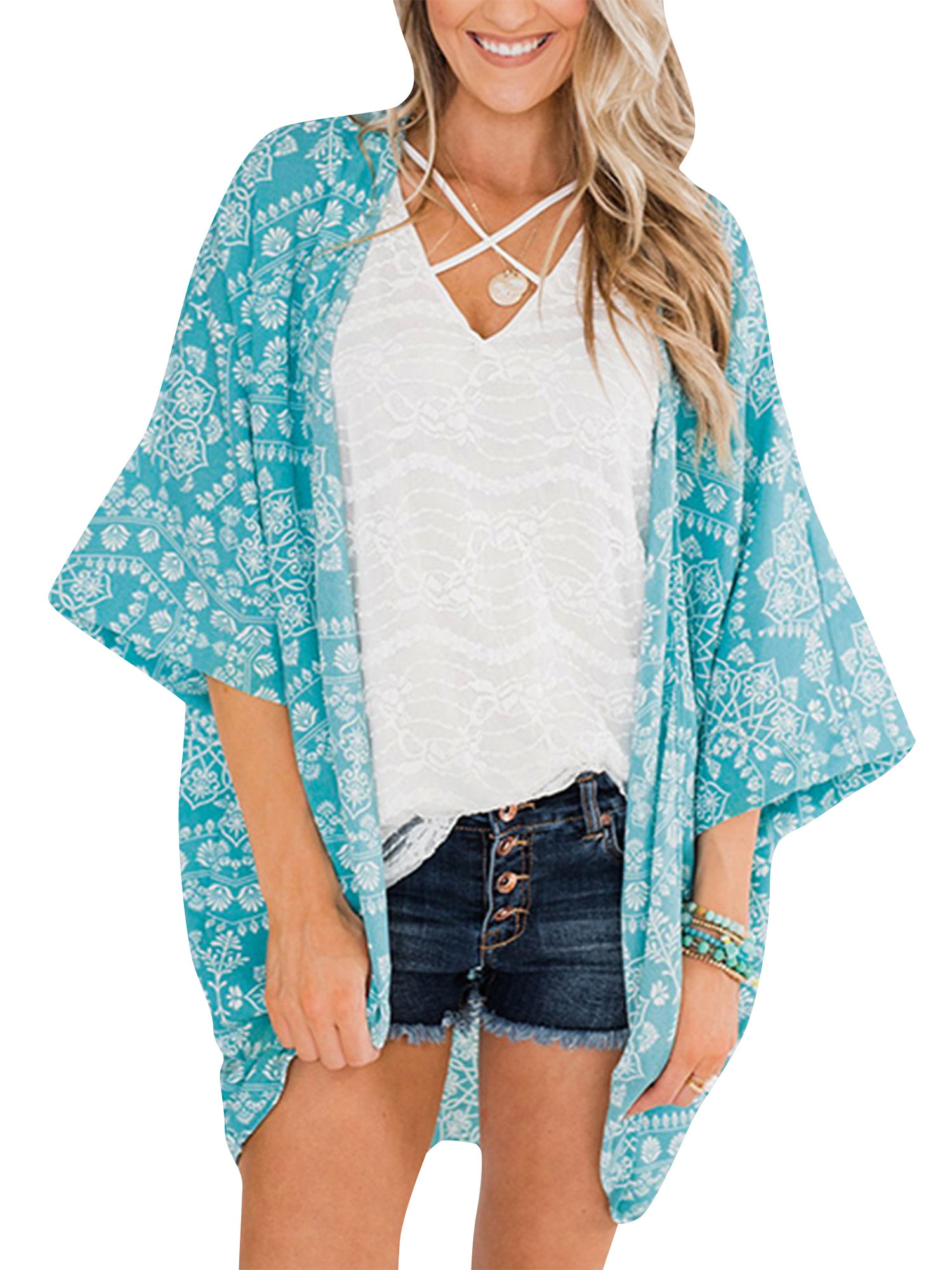 Women's Floral Kimono Cardigans Chiffon Casual Loose Open Front Cover Ups Tops S-XXXL
