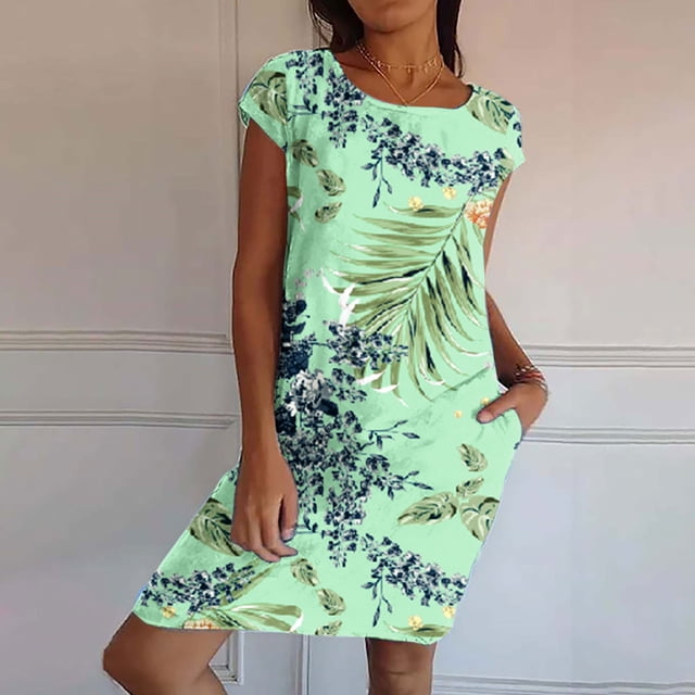 LSLJS Robe d'Été à Manches Courtes Col Rond avec Poche, Robe de Plage d'Été pour Femmes