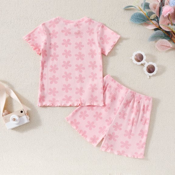 Girls Stripes Summer Sweet Flower Print Short Sleeve Shorts Two PC Suit