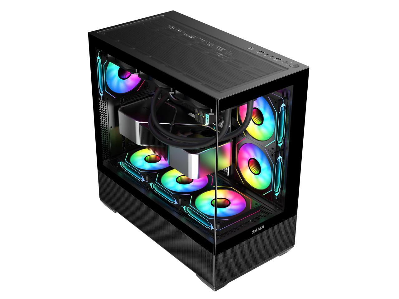 SAMA SV02 ATX Computer Gaming PC Case Mid Tower Black with 3 ARGB Fans Pre-Installed, Tempered Glass Transparent Side Panel,BTF Back Plug Motherboard Design
