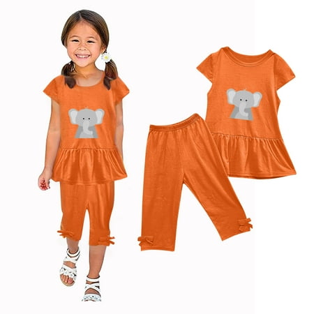 

qkdmdw Pajama Sets for Kids 1-10Y Fashion Girls Capris and T-Shirts Ruffle Trim Short Sleeve Summer Outfit Set