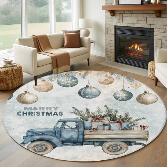 Blue Truck Christmas Round Area Rug 6 FT, Non Slip Bedroom Area Rug, Xmas Balls Snowflake Vintage Washable Soft Circular Carpet Non-Shedding Floor Mat for Kitchen Dining Room Home Office Kids Room