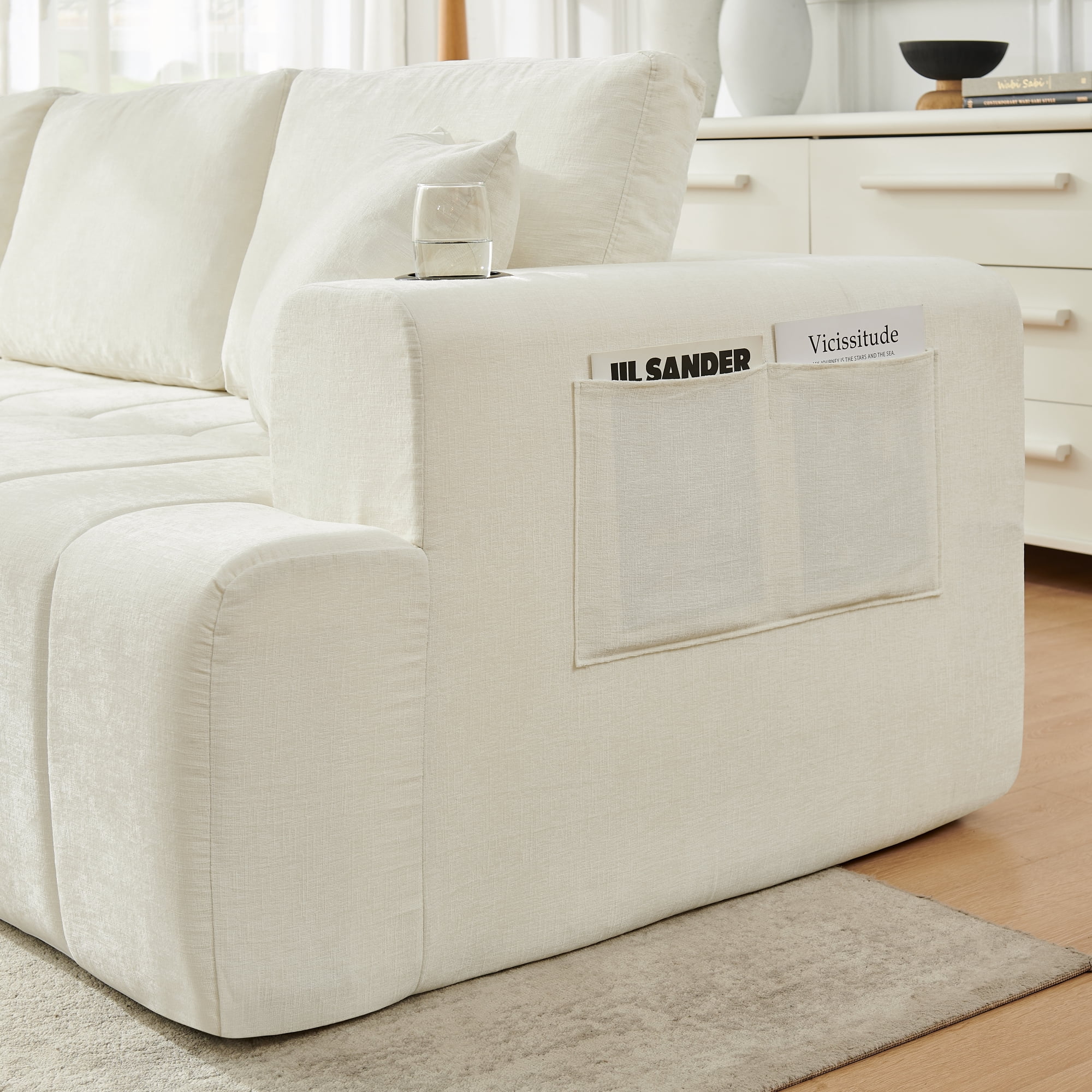 Leumius 108" L-Shaped Sectional Sofa,Chenille Boneless Couch, Modern 3-Seat Upholstered Cloud Couch Sectional with Deep Seat and Cup Holders for Living Room,No Assembly Required,Beige