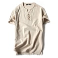 thumbnail image 1 of LUXUR T-Shirt Homme Couleur Unie Hauts Coton Lin T-Shirts chandail-Over Style Rétro Tunique Abricot-3 4TG, 1 of 2