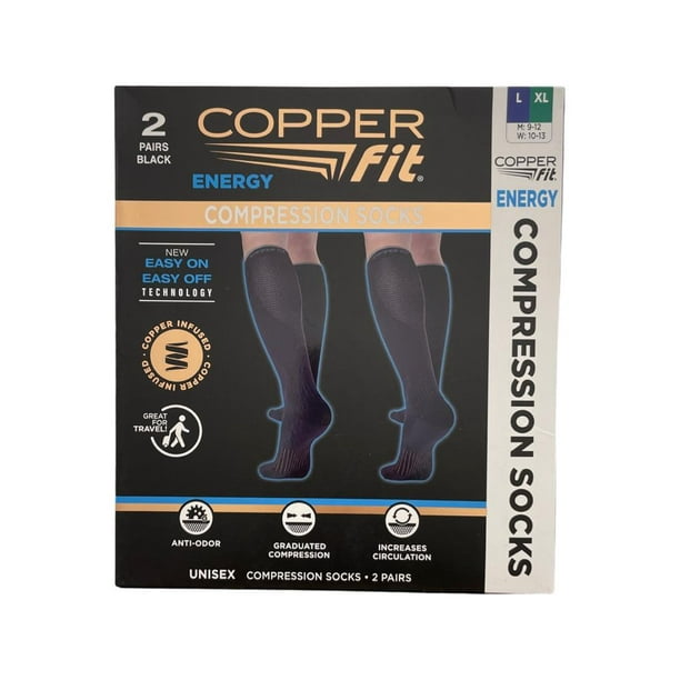 Copper Fit Energy Compression Socks 2 Pair Bundle Black New EasyOn