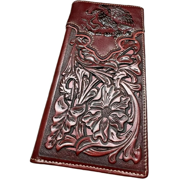 Western Stakes Mens Coat Of Arms Of Mexico Western Leather Long Wallet Floral Cutout Golden Eagle Snake Layered Checkbook Style Mens Wallets Leather Bull Rider Rodeo Gifts For Men (Coffee & Coffee)