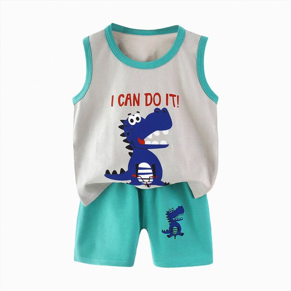 OYXSER Boy Clothes Toddler Baby Boys Summer Outfits 3T 4T Cotton Sleeveless Cartoon T-Shirt Shorts Set, Light Green 4-5T