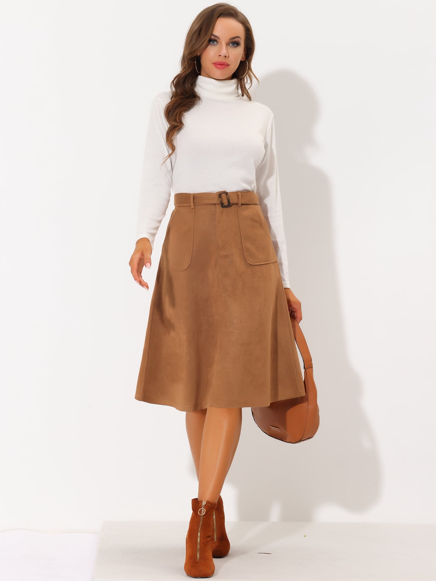 DARING DIVA Women's Faux Suede Pockets Stretch A-line Midi Skirt with Belt 3XL Caramel